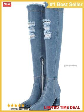 MAVMAX Denim Ankle Boots Pointed Toe Chunky High Heel Side Zipper Cowboy Fabric